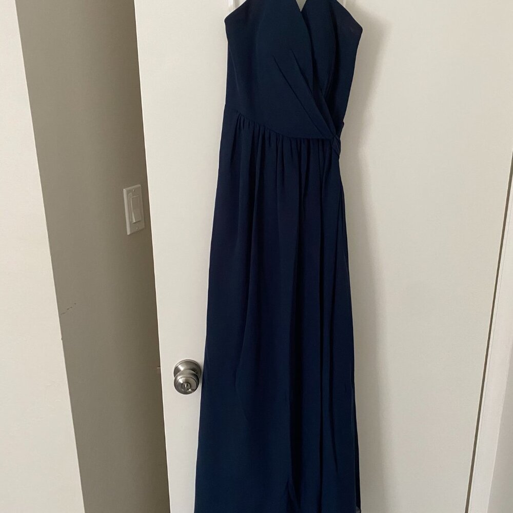 Hannah Chiffon Faux Wrap Dress- Navy Blue, Petite Maxi: 41 in waist to hem